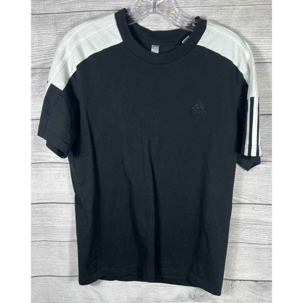 Adidas‎ T Shirt Mens Small Black White Striped Sleeve Logo Athletic Tee